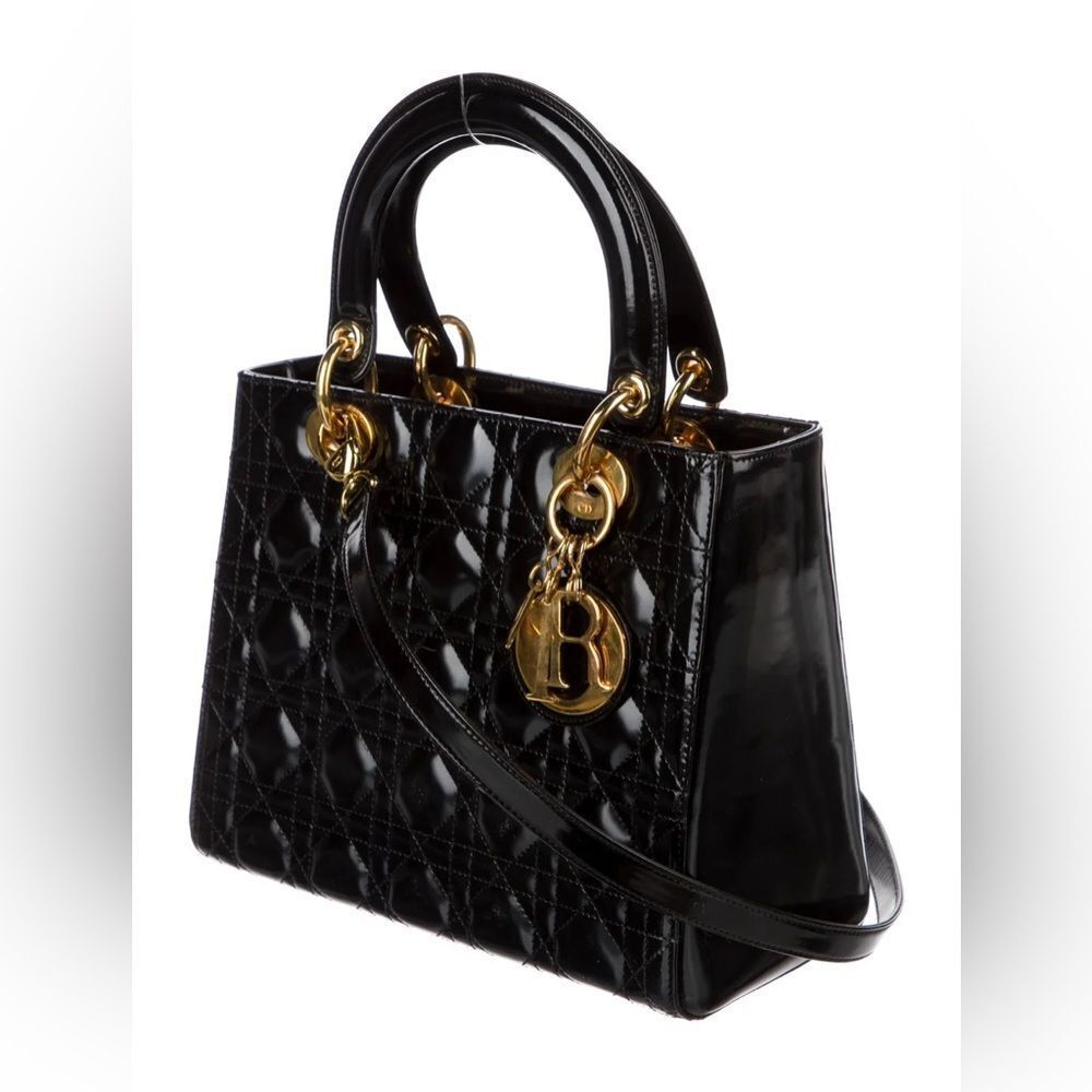 Christian Dior Vintage Medium Lady Dior Black Patent Cannage Bag Gold Hardware - Picture 9 of 14